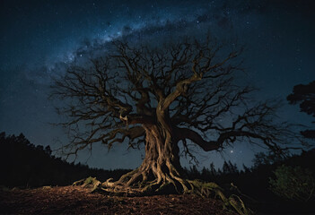Dark Spooky Forest, A twisted, gnarled tree rises from the forest floor like a monstrous behemoth, its contorted branches stretching out in all directions, casting silhouettes against the moonlight