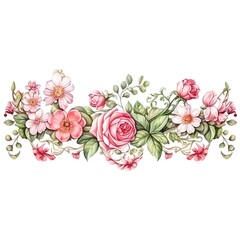 Beautiful watercolor floral border with pink and white flowers and green leaves, perfect for invitations and decorative designs.