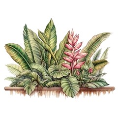 Obraz premium Beautiful watercolor botanical illustration of lush tropical plants with vibrant green leaves and pink flowers in a wooden planter.