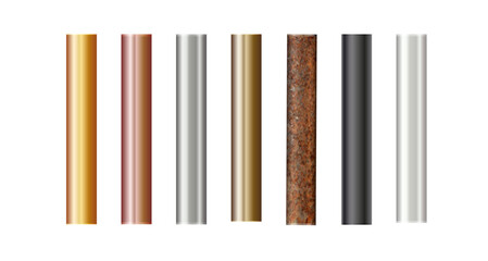 Pipe set isolated on background. Chrome, rusty, steel, golden, copper and iron pipes profile. Cylinder metal tubes. Vector
