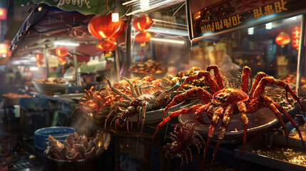 A traditional Asian street food stall offering deep-fried spiders, with a focus on the bustling atmosphere and the exotic appeal of the dish, in a vibrant and busy style