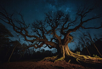 Dark Spooky Forest, A twisted, gnarled tree rises from the forest floor like a monstrous behemoth, its contorted branches stretching out in all directions, casting silhouettes against the moonlight