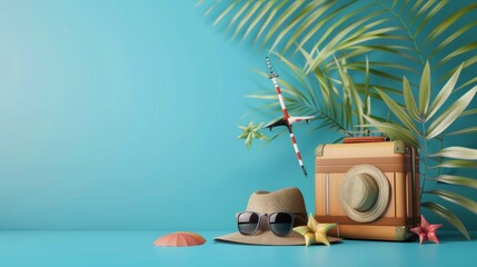Flat lay of beach vacation essentials including hat, sunglasses, starfish, and palm leaves on a vibrant turquoise background, evoking a tropical getaway.