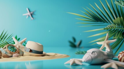 Flat lay of beach vacation essentials including hat, sunglasses, starfish, and palm leaves on a vibrant turquoise background, evoking a tropical getaway.