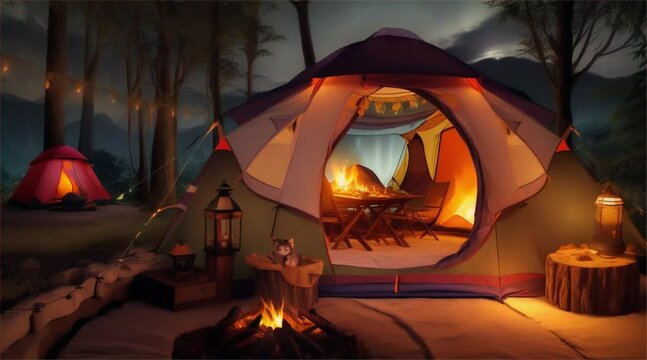 hammock in tropical resort. A cozy white tent with brightly colored fabrics, lit by a warm campfire, and surrounded by nocturnal jungle, beach
