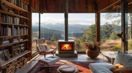 Fototapeta premium Compact mountain retreat with a cozy fireplace and scenic valley views