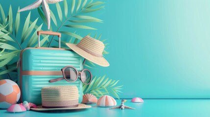 Light blue suitcases, a beach hat, starfish, and seashells on a turquoise background with palm leaves, evoking tropical vacation vibes.
