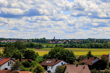 View from Kaltenberg in Germany in south direction over the foothills of the Alps on a sunny day...