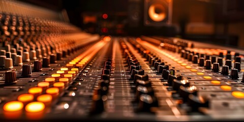 Closeup view of audio mixing console in a professional recording studio. Concept Recording Studio Equipment, Audio Mixing Console, Professional Sound Setup, Closeup Shots