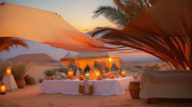 hammock in tropical resort. A cozy white tent with brightly colored fabrics, lit by a warm campfire, and surrounded by nocturnal jungle, beach