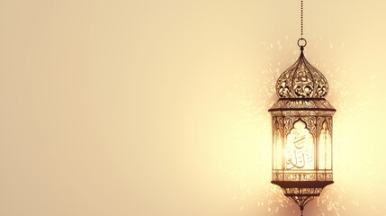 A decorative, ornate lantern with intricate patterns hanging against a soft, warm background. The lantern is illuminated, casting a gentle glow.