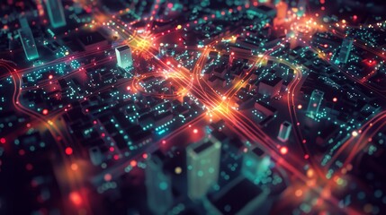 Fototapeta premium Night view of a bustling city illuminated with GPS markers and data visualizations, illustrating the advancement of city information systems and innovative tech solutions.