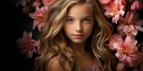 Fototapeta premium Portrait of a girl with pink flowers in her hair. Concept Floral Portrait, Pink Flowers, Hair Accessories, Girl Photography, Spring Photoshoot