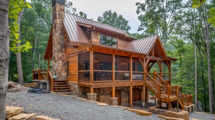 Naklejka premium Rustic mountain cabin plan featuring a loft and expansive deck