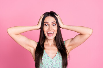 Fototapeta premium Photo of adorable lovely shocked glad woman wear stylish clothes isolated on pink color background