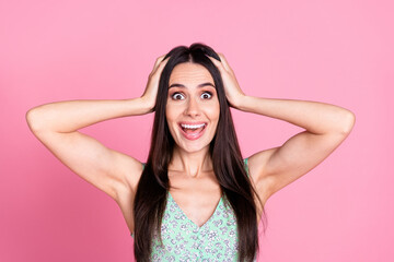 Photo of adorable lovely shocked glad woman wear stylish clothes isolated on pink color background