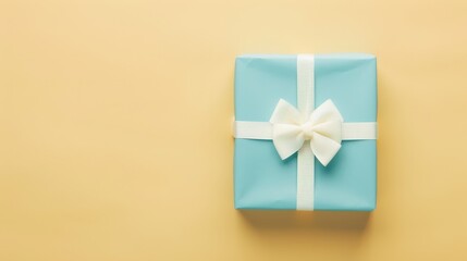 A pastel blue gift box with a white bow, perfectly aligned according to the golden ratio on a light pastel yellow background