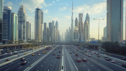 Fototapeta premium Skyline Symphony: Illustrate the harmonious blend of traffic patterns and modern cityscapes, evoking a sense of metropolitan rhythm.