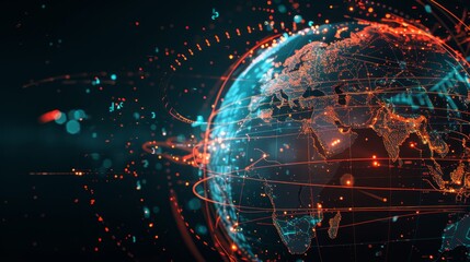 Stunning digital globe with glowing lines representing global networks and connections, illustrating high-speed data transfer and cyber technology.
