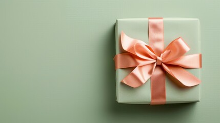 A beautifully wrapped gift box in pastel peach, featuring a decorative bow, positioned on a pastel green background using the golden ratio