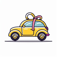 A yellow car with a pink bow on top of it