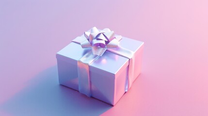Fototapeta premium A small pastel purple gift box with a silver bow, perfectly placed at the golden ratio point on a soft pastel gradient background
