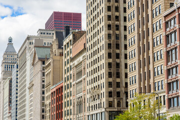 Detail of a row of traditional high rise buildings along Michigan Avenue in Chicago downtown