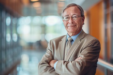 Fototapeta premium Mature college administrator, confident, professional, digital SLR, standard zoom, daytime, administrative portrait, digital, high realism, soft light. , background blur