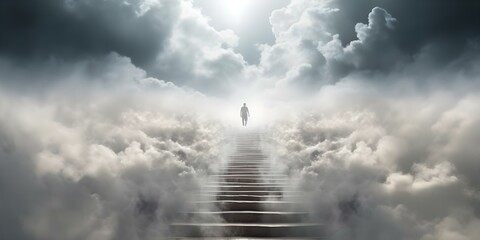 A person ascending a stairway to heaven through clouds postdeath. Concept Heavenly Journey,...