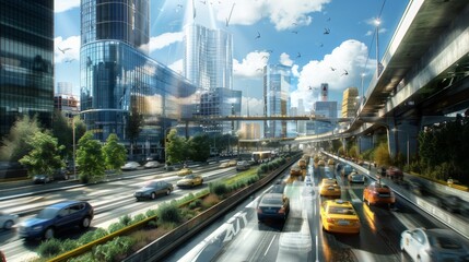 Urban Velocity Vista: Present a panoramic view of city traffic against the backdrop of a modern skyline, showcasing urban energy.