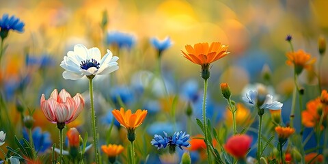 Blooming wildflowers create a vibrant display of nature in a field. Concept Wildflowers, Nature, Vibrant Display, Blooming Field, Outdoor Photography
