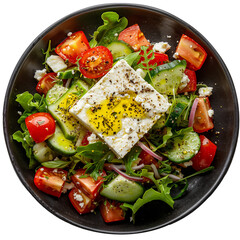 Tasty Greek Salad with Feta Cheese in a black plate isolated on transparent background. Cut out