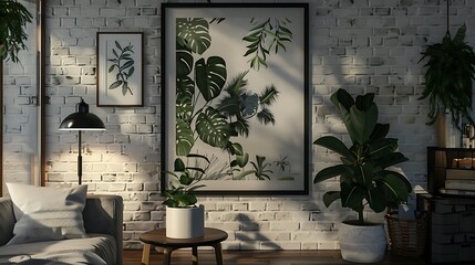A cozy corner with a Scandinavian vibe. A botanical-themed poster featuring lush green leaves contrasts against a white brick wall. Abundant Green Plants in Living Room