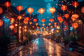 An enchanting night street adorned with glowing red lanterns after the rain, evoking a festive atmosphere