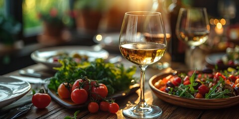 luxury healthy meal, wine glasses on table with fresh vegetable, farm to table dinning 
