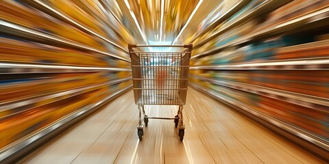 A fastmoving shopping cart in a virtual grocery store captures the essence of hig. Concept Virtual Shopping Experience, High-Speed Action Shots, Capturing Motion, Grocery Store Dynamics