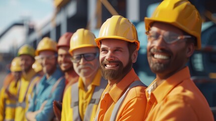 A group of smiling construction workers wearing uniforms.