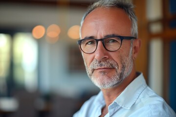 Fototapeta premium Mature curriculum developer, confident, professional, digital SLR, standard zoom, daytime, office portrait, digital, high realism, soft light. , background blur