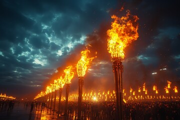 Obraz premium Majestic fire pillars illuminate a cloud-covered night, portraying power and a surreal fantasy landscape