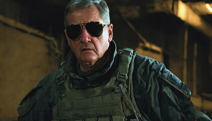 Fototapeta premium photo of older commander soldier in combat armor outfit on mission scene night , generative AI