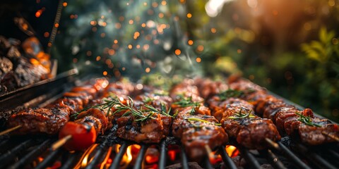 close up sizzling hot beef BBQ sticks on Barbecue Grill  with fire flickers