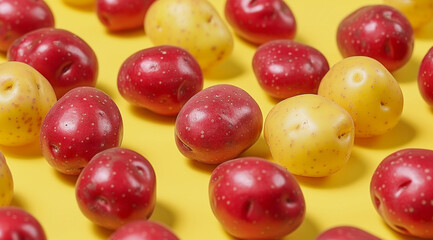 Photo of red and yellow potatoes scattered on a bright yellow background - Powered by Adobe