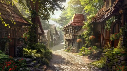 A peaceful. village with cozy cottages and winding streets. copy space