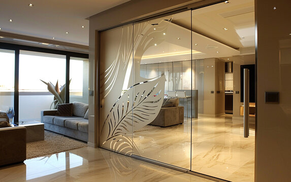 Contemporary glass door with a mirrored finish and subtle etched designs, set against a clean, modern interior.