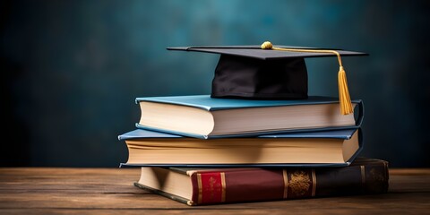 Stack of books with graduation cap symbolizing education and achievement. Concept Education, Achievement, Graduation, Books, Success
