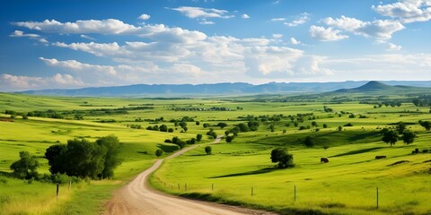 Obraz premium Scenic aerial view of farmland with rolling fields and country road. Concept Nature, Aerial Photography, Rural Landscape, Farmland, Country Road