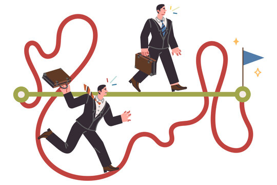 Business people achieve goal using different strategies, taking shortcuts or complicated paths