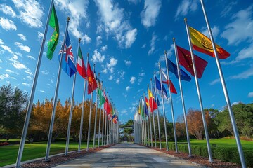 Picture depicting a tranquil path flanked by a collection of vibrant national flags under a clear blue sky