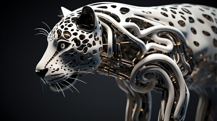 Capture a robotic cheetah in black and white, in full sprint, gazing unhinged behind Utilize photorealistic 3D rendering for a modern twist