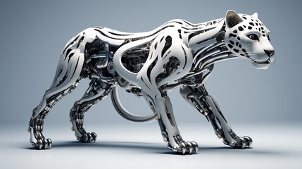 Capture a robotic cheetah in black and white, in full sprint, gazing unhinged behind Utilize photorealistic 3D rendering for a modern twist